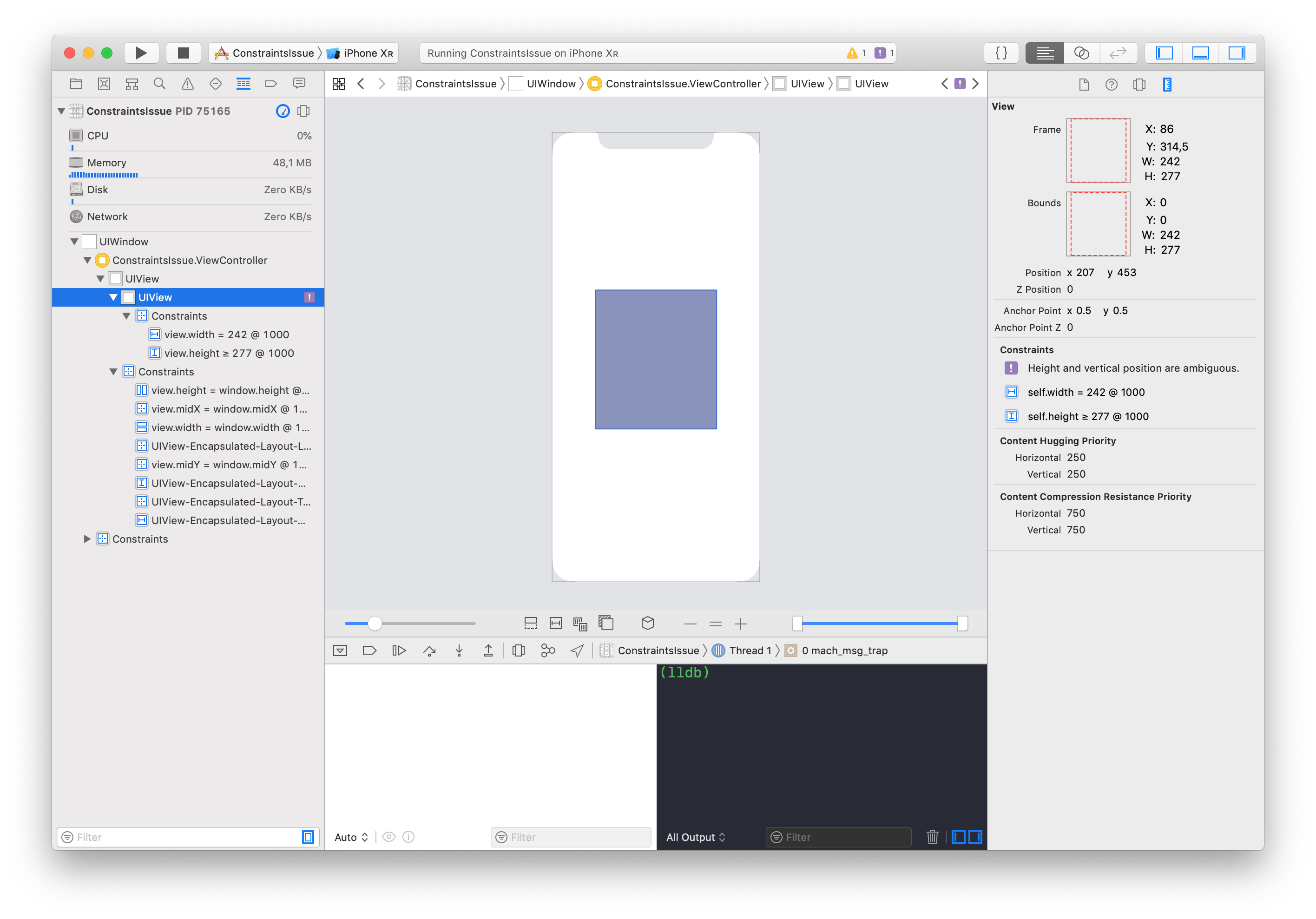 Single view layout with ambiguous constraint